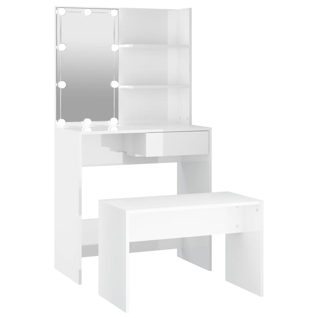 Vidaxl juego de tocador con led madera contrachapada blanco brillante