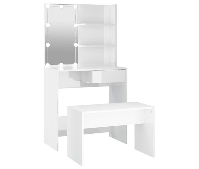 Vidaxl juego de tocador con led madera contrachapada blanco brillante