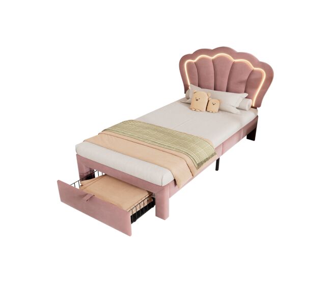 cama juvenil,cama individual de terciopelo 90x200cm con luz LED,1 cajón y cabecera de altura ajustable,en forma de flor,rosa
