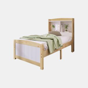 Cama juvenile,cama de solteiro de madeira de pinho 90x200cm com compartimentos,branco+madeira