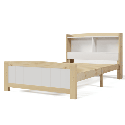 Cama juvenile,cama de solteiro de madeira de pinho 90x200cm com compartimentos,branco+madeira