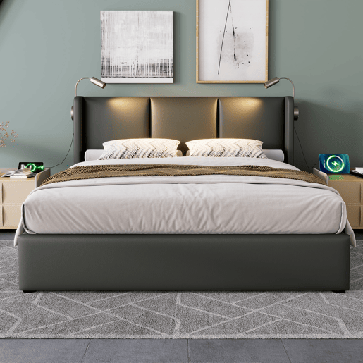 Cama de casal de pu 140x200cm com armazenamento,cinzento Cama de casal de pu 140x200cm com armazenamento,cinzento