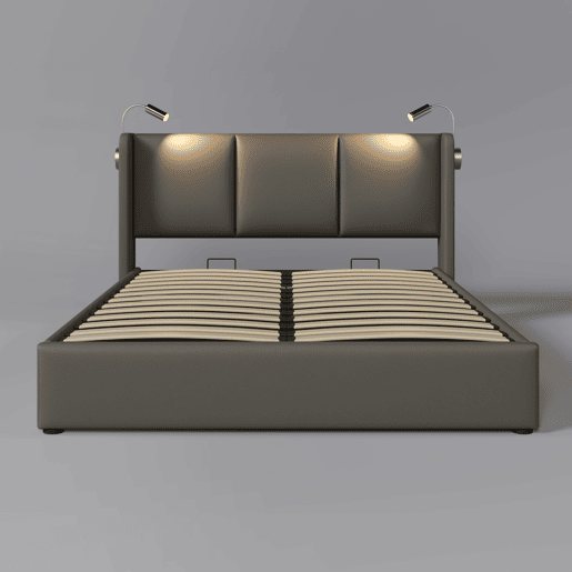 Cama de casal de pu 140x200cm com armazenamento,cinzento Cama de casal de pu 140x200cm com armazenamento,cinzento