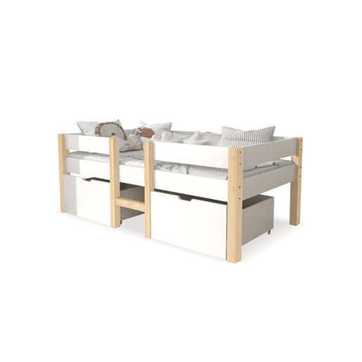 Cama de criança,cama alta,cama de altura média de madeira de pinho 90x200cm com 2 gavetas,branco+madeira