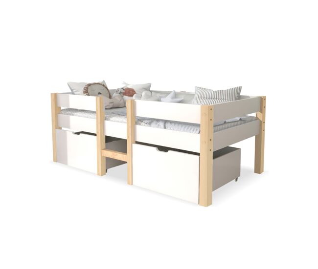 Cama infantil,cama alta,cama de media altura de madera de pino 90x200cm con 2 cajones,escalera y protección contra caídas,blanco+color madera