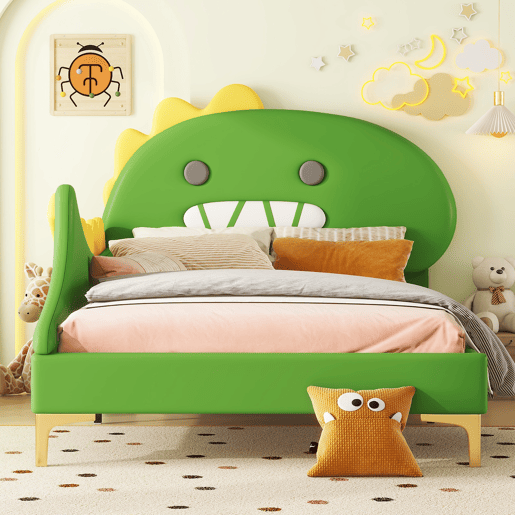 Cama de criança 90x200 cm - em forma de dinossauro - em pele sintética - Verde