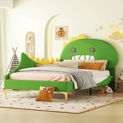 Cama de criança 90x200 cm - em forma de dinossauro - em pele sintética - Verde