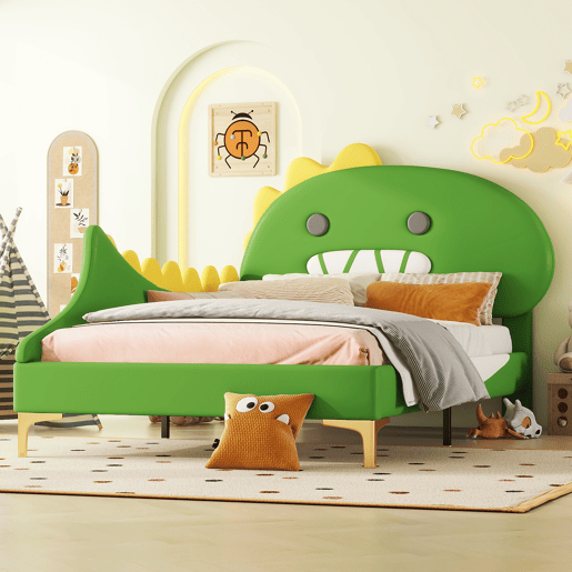 Cama de criança 90x200 cm - em forma de dinossauro - em pele sintética - Verde