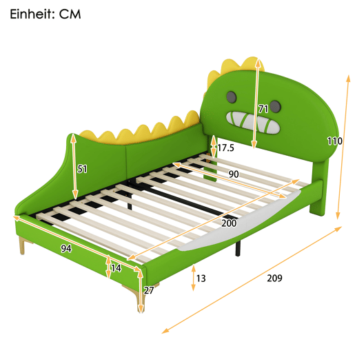 Cama de criança 90x200 cm - em forma de dinossauro - em pele sintética - Verde
