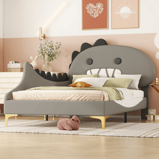 Cama de criança 90x200 cm - em forma de dinossauro - em pele sintética - Cinzento