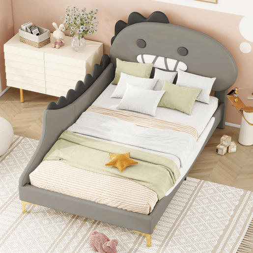 Cama de criança 90x200 cm - em forma de dinossauro - em pele sintética - Cinzento