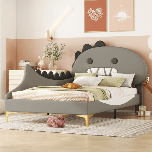 Cama de criança 90x200 cm - em forma de dinossauro - em pele sintética - Cinzento