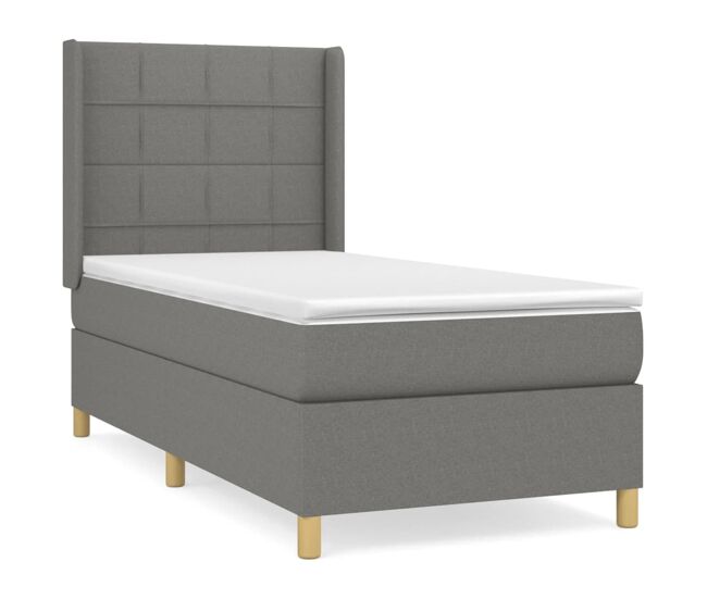 Cama box spring con colchón tela gris oscuro 100x200 cm bloques con cuadros