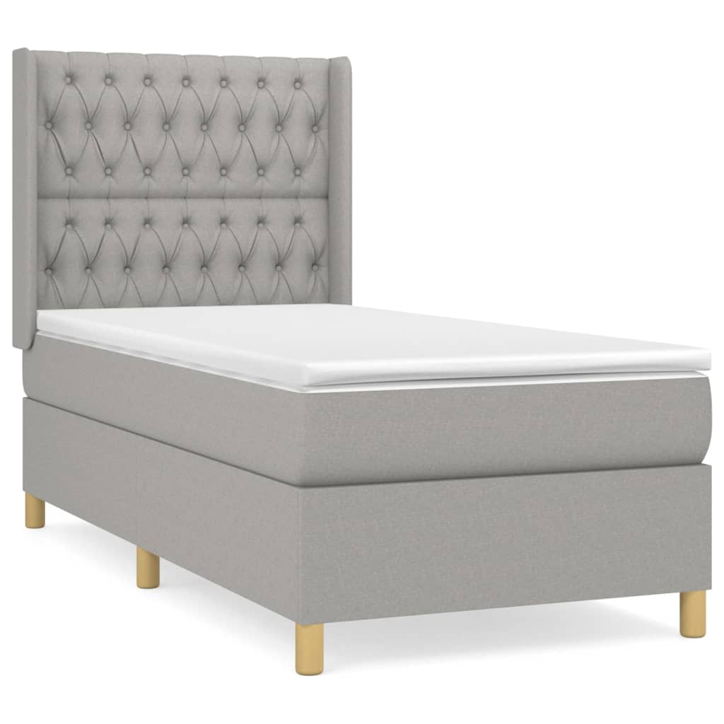 Cama box spring con colchón tela gris claro 100x200 cm diseño de botones