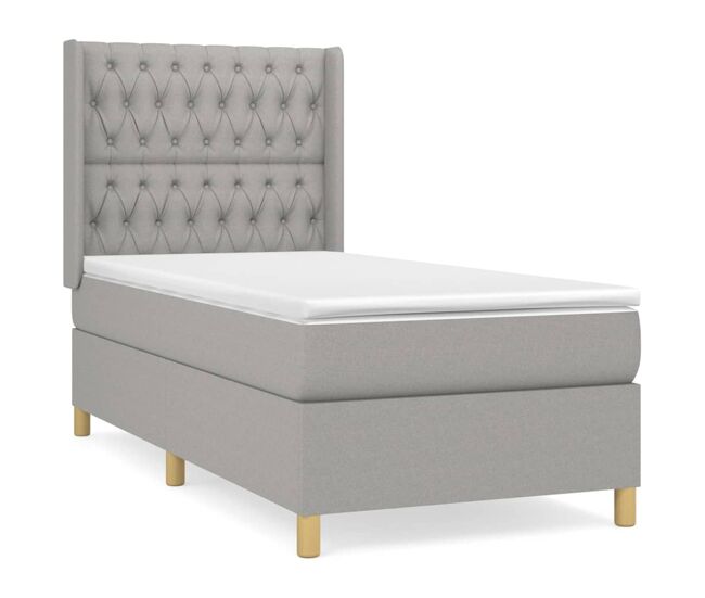 Cama box spring con colchón tela gris claro 100x200 cm diseño de botones