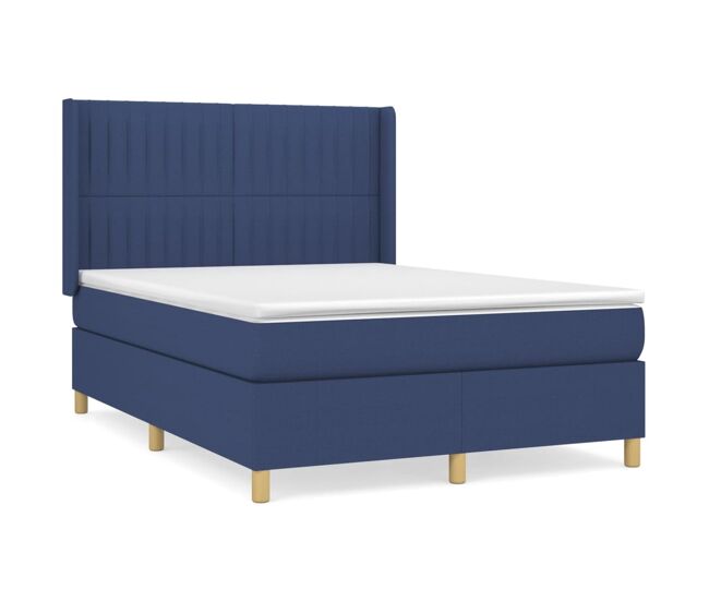 Cama box spring con colchón tela azul 140x190 cm rayas verticales
