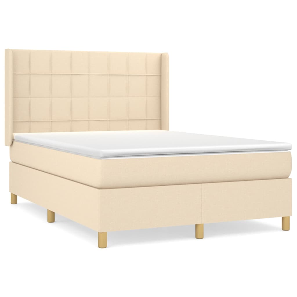 Cama box spring con colchón tela color crema 140x190 cm bloques con cuadros