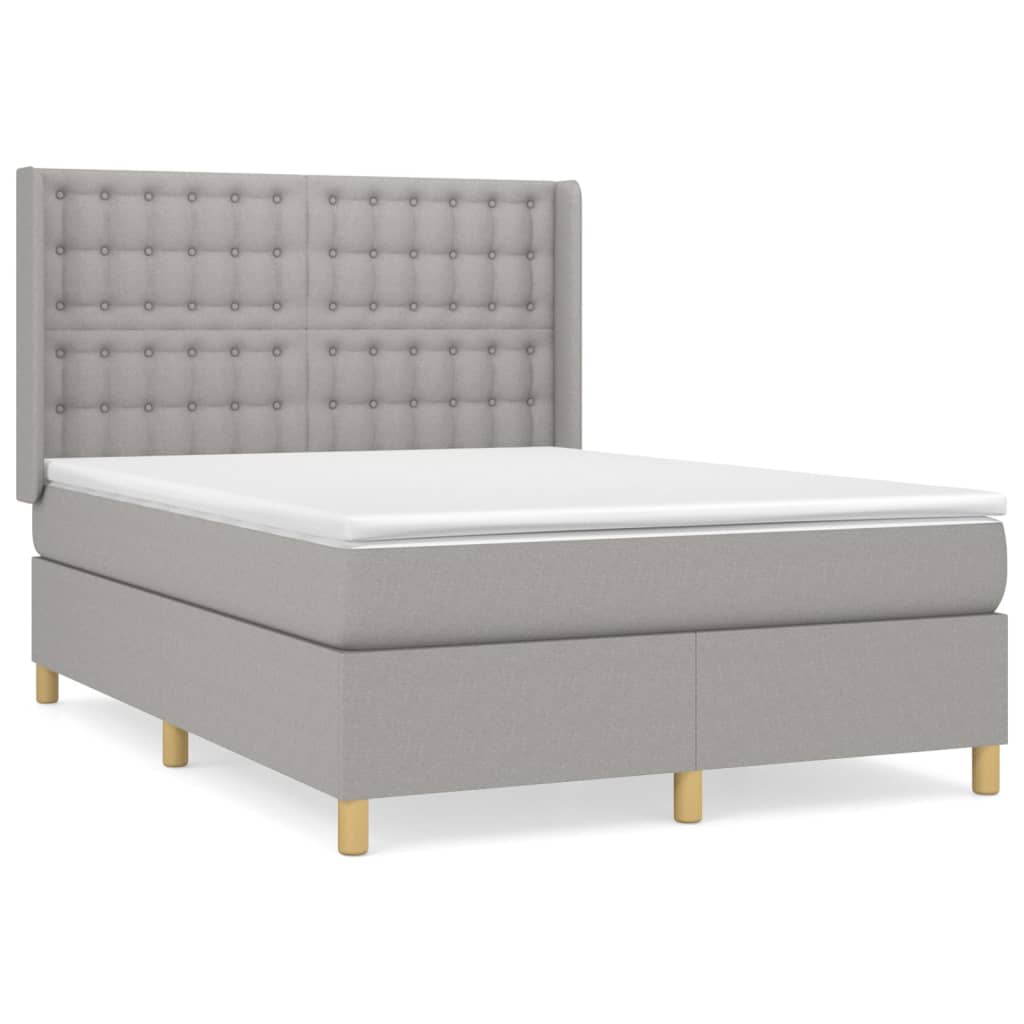 Cama box spring con colchón tela gris claro 140x190 cm botones