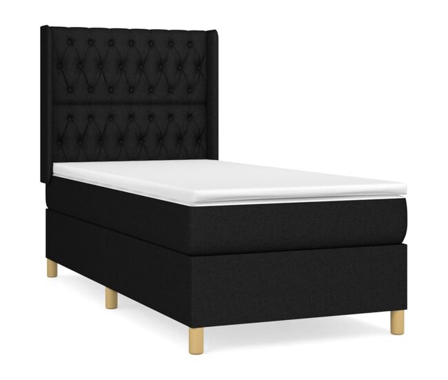 Cama box spring con colchón tela negro 100x200 cm diseño de botones