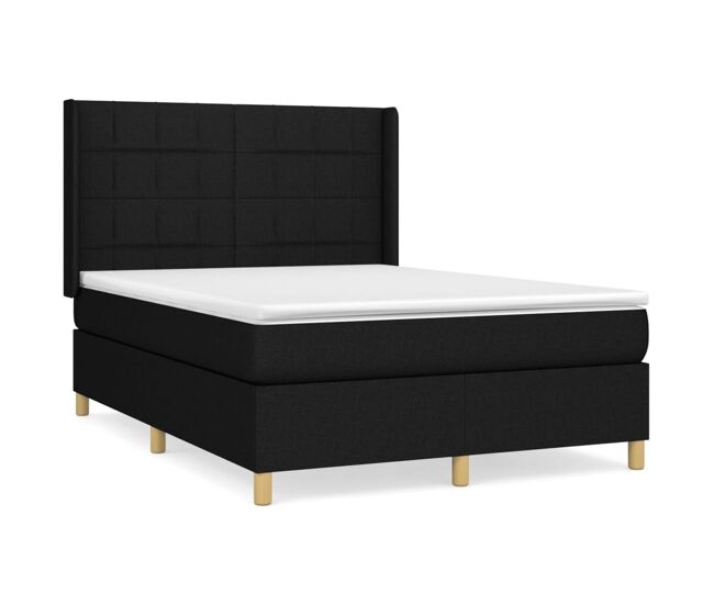 Cama box spring con colchón tela negro 140x200 cm bloques con cuadros