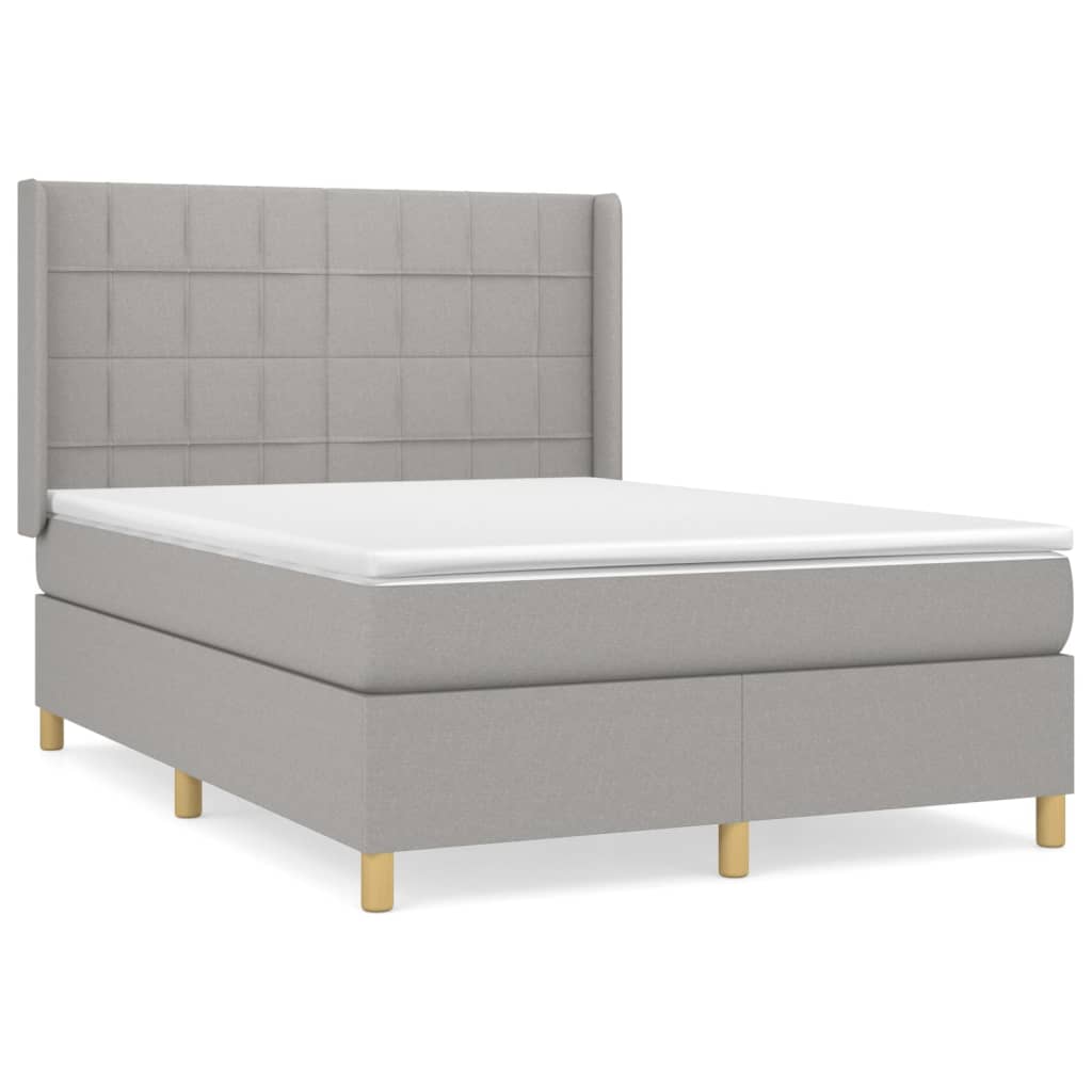 Cama box spring con colchón tela gris claro 140x190 cm bloques con cuadros