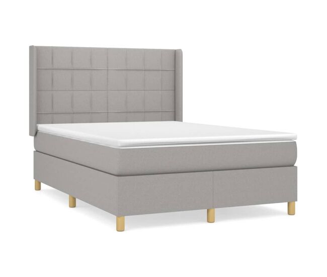 Cama box spring con colchón tela gris claro 140x190 cm bloques con cuadros