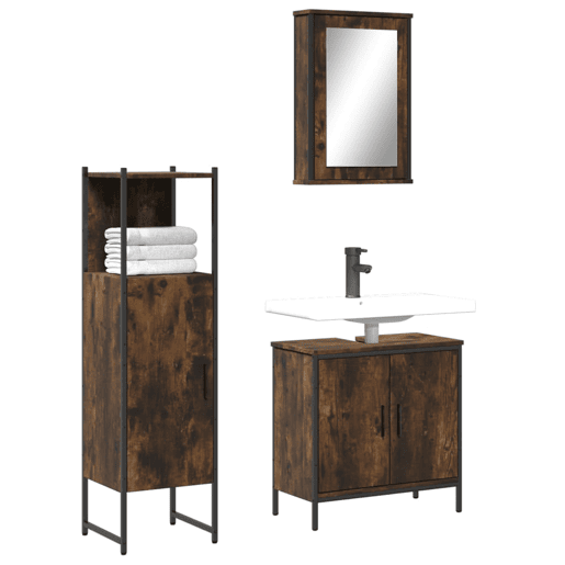 vidaXL 3 pcs conjunto de móveis WC madeira processada carvalho fumado