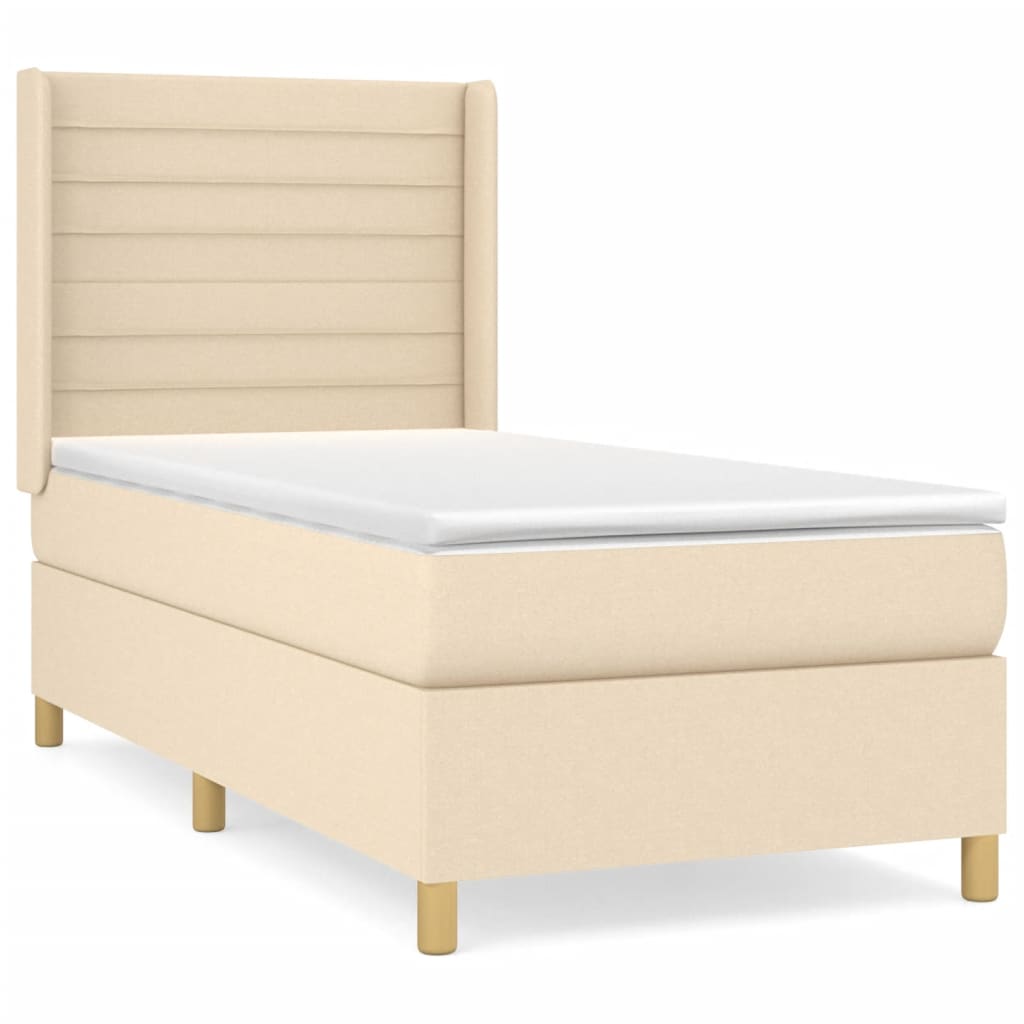 Cama box spring con colchón tela color crema 100x200 cm rayas horizontales