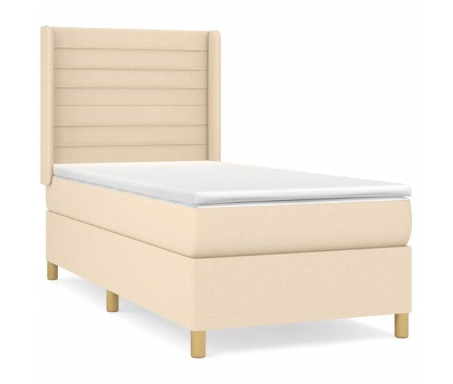 Cama box spring con colchón tela color crema 100x200 cm rayas horizontales
