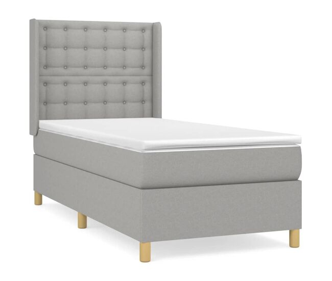Cama box spring con colchón tela gris claro 80x200 cm botones