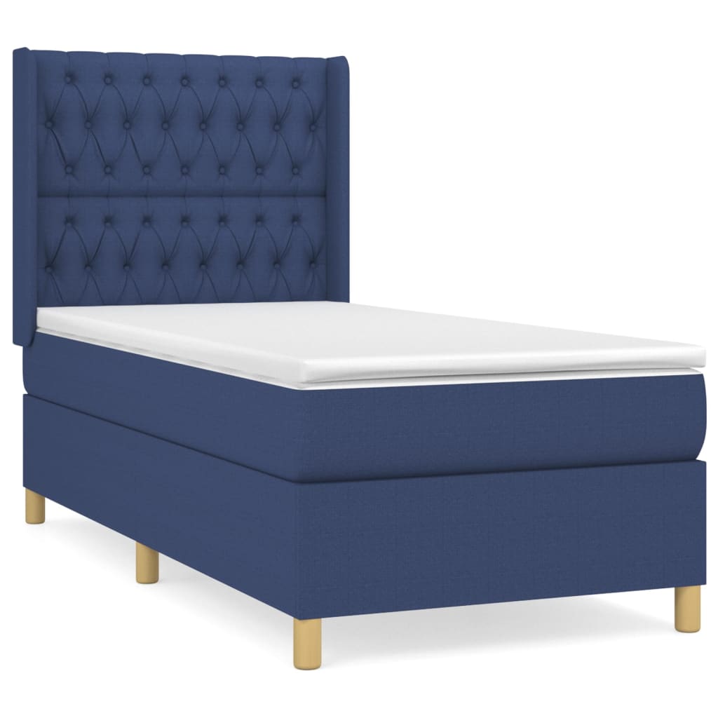 Cama box spring con colchón tela azul 100x200 cm diseño de botones
