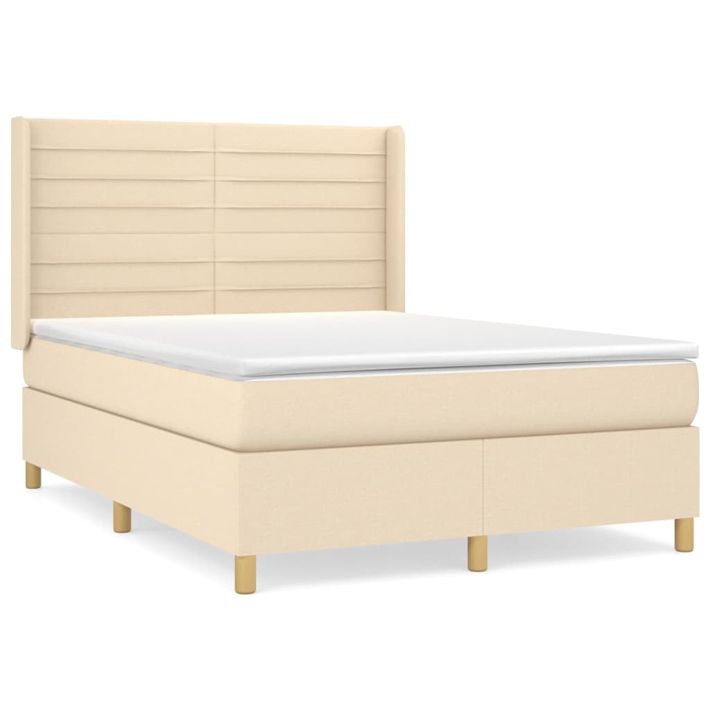 Cama box spring con colchón tela color crema 140x200 cm rayas horizontales