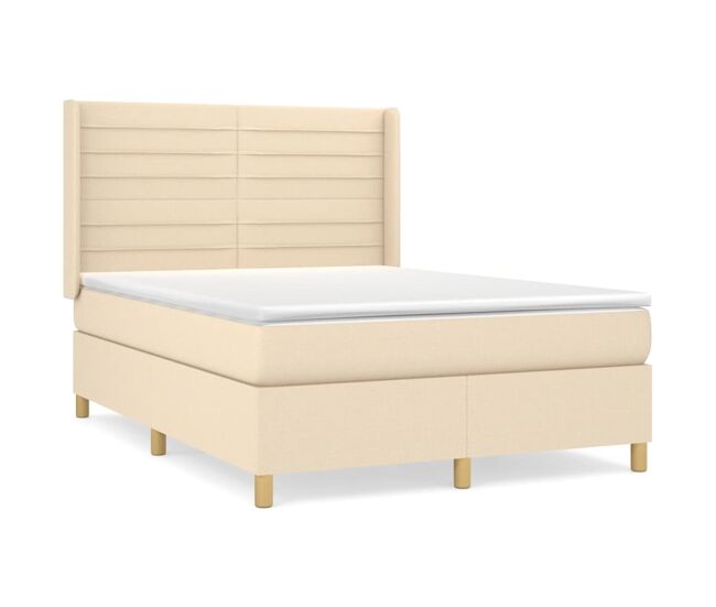 Cama box spring con colchón tela color crema 140x200 cm rayas horizontales