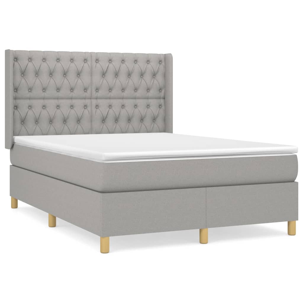 Cama box spring con colchón tela gris claro 140x200 cm diseño de botones