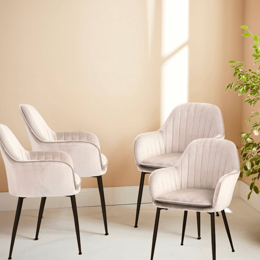 Cadeirão de veludo com pernas de metal, set de 4, Shella, Branco sujo, 57x59x84.5 cm