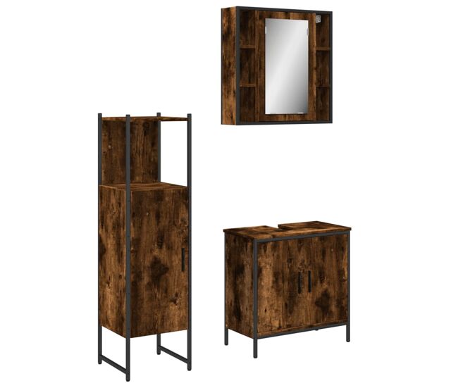 Vidaxl set de muebles baño 3 pzas madera contrachapada roble ahumado