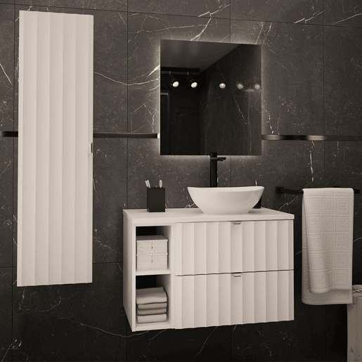 Conjunto móvel lavatório individual 80cm 2 nichos e coluna Lexa Branco