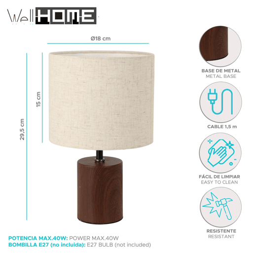 Well Home Candeeiro de mesa com base metálica Ø18x29,5cm Well Home Candeeiro de mesa com base metálica Ø18x29,5cm