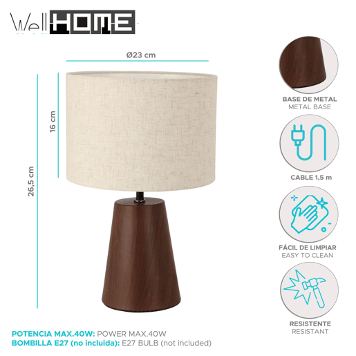 Well Home Candeeiro de mesa com base metálica Ø23x26,5cm
