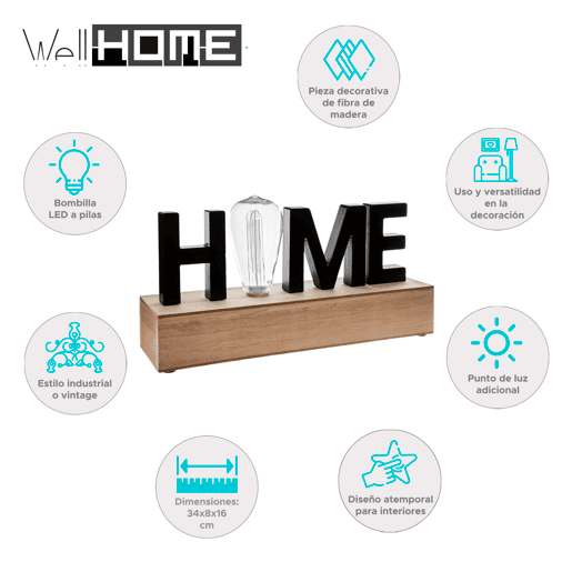 WELL HOME - Decoração de palavras com iluminação LED 34x8x16cm