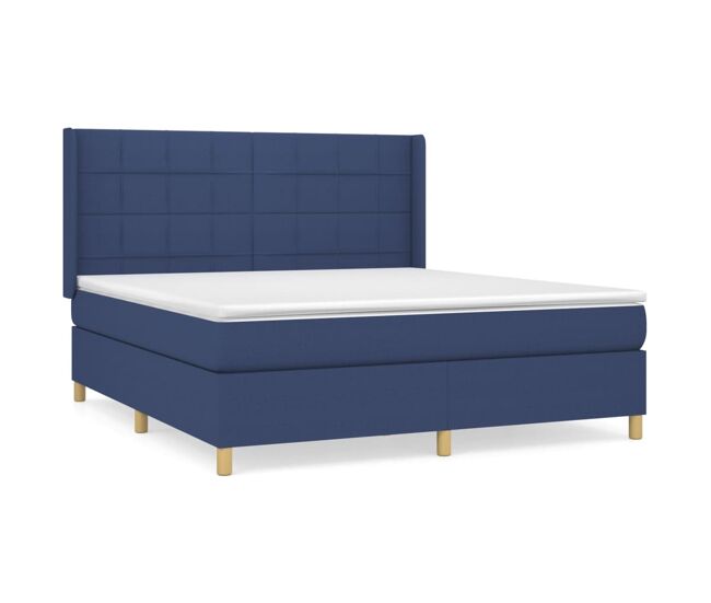 Cama box spring con colchón tela azul 160x200 cm bloques con cuadros