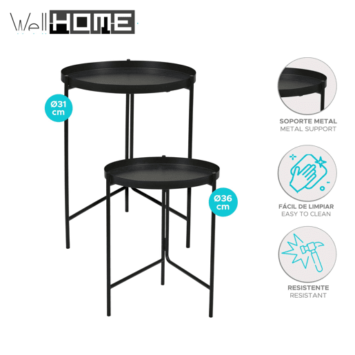 Well Home Conjunto de 2 mesas laterais redondas em metal preto