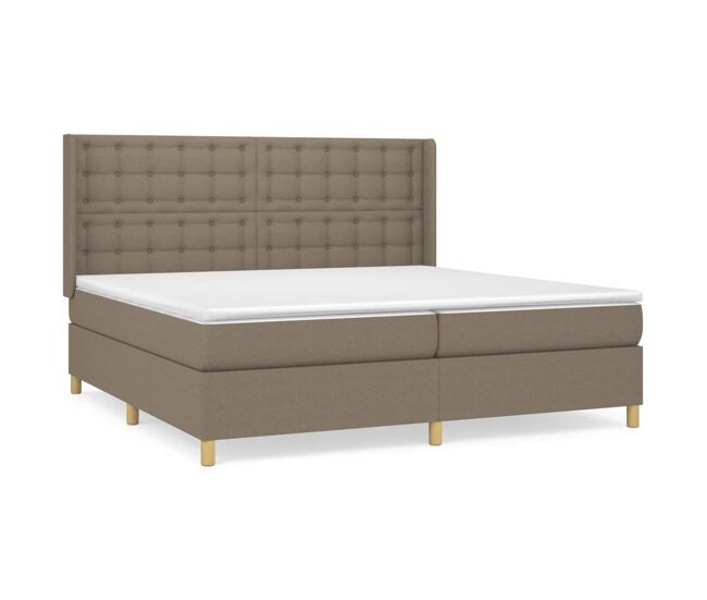Cama box spring con colchón tela gris taupe 200x200 cm botones