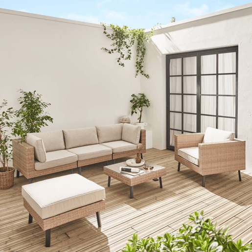 Conjunto de jardim em resina com sófá, poltrona e mesa de centro , 5 lugares, Alba, Beige, 69.5x69.5x30.5 cm