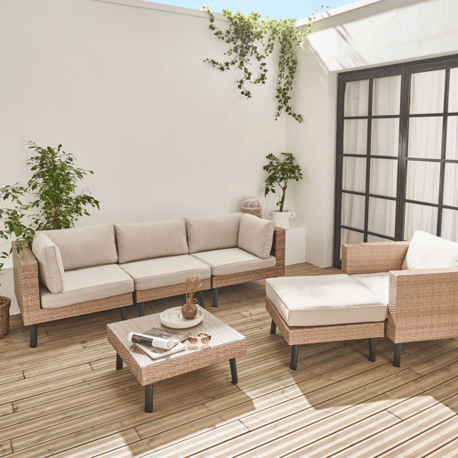 Conjunto de jardim em resina com sófá, poltrona e mesa de centro , 5 lugares, Alba, Beige, 69.5x69.5x30.5 cm
