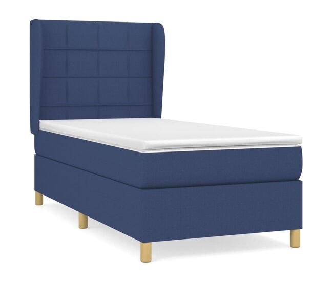 Cama box spring con colchón tela azul 100x200 cm bloques con cuadros