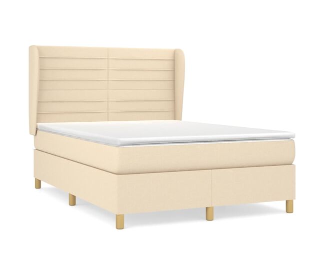 Cama box spring con colchón tela color crema 140x190 cm rayas horizontales