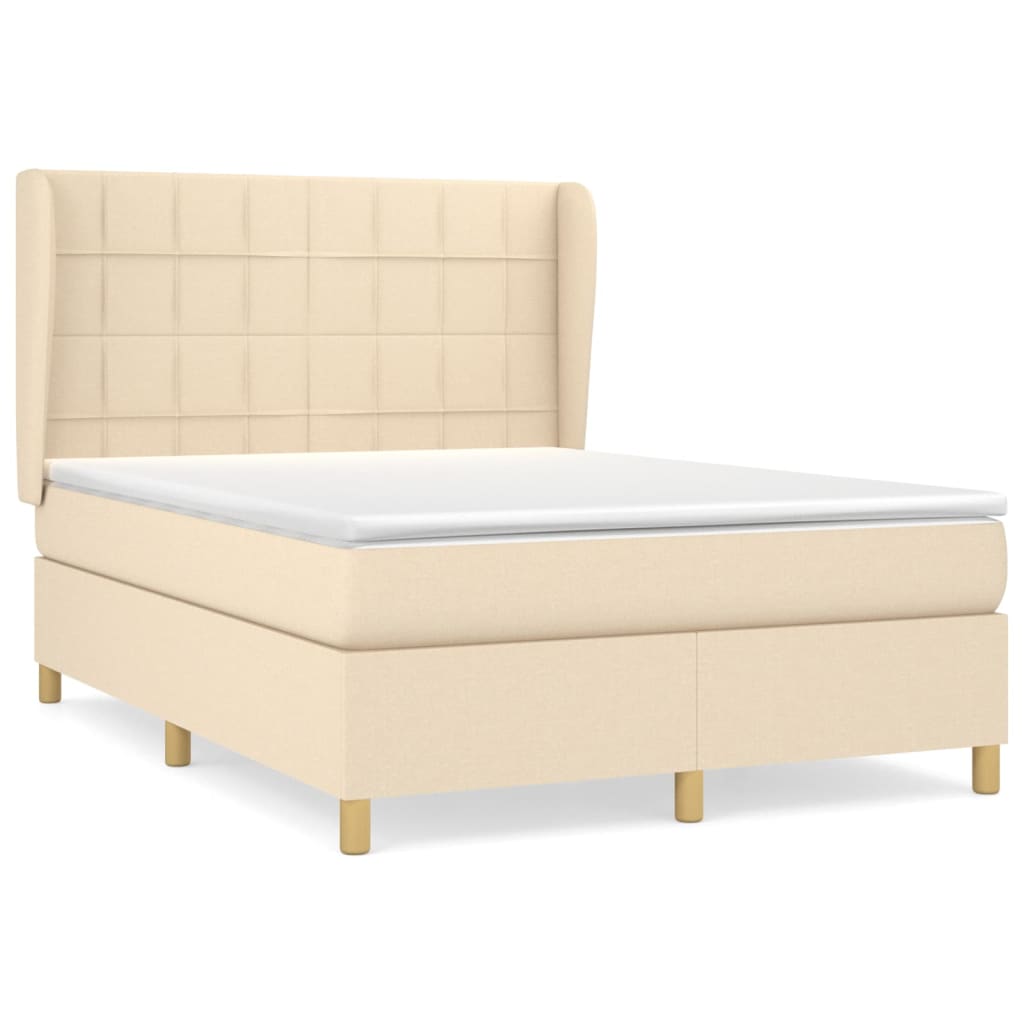 Cama box spring con colchón tela color crema 140x190 cm bloques con cuadros