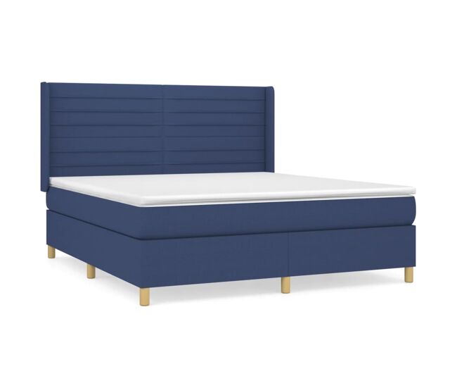 Cama box spring con colchón tela azul 160x200 cm rayas horizontales