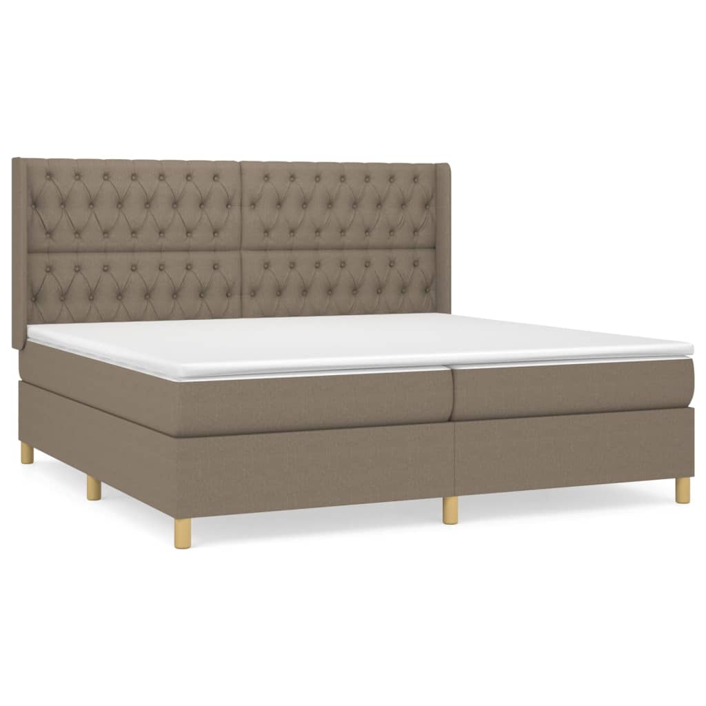 Cama box spring con colchón tela gris taupe 200x200 cm diseño de botones